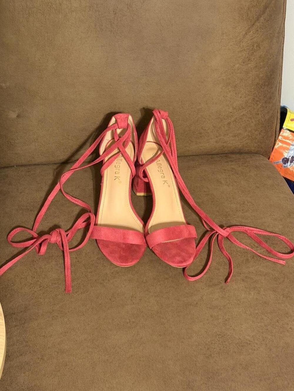 Allegra K Hot Pink Faux Suede Lace Up Leg Block Heel Barbie Chic Open Toe Sz 9.5
